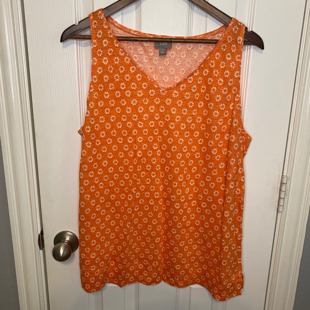 J. Jill Womens Large Tank Top Orange Floral Linen Knit V-Neck‎ Daisy Print